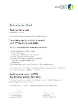 Zertifikat der Pruefung Sachkunde Gasprüfung